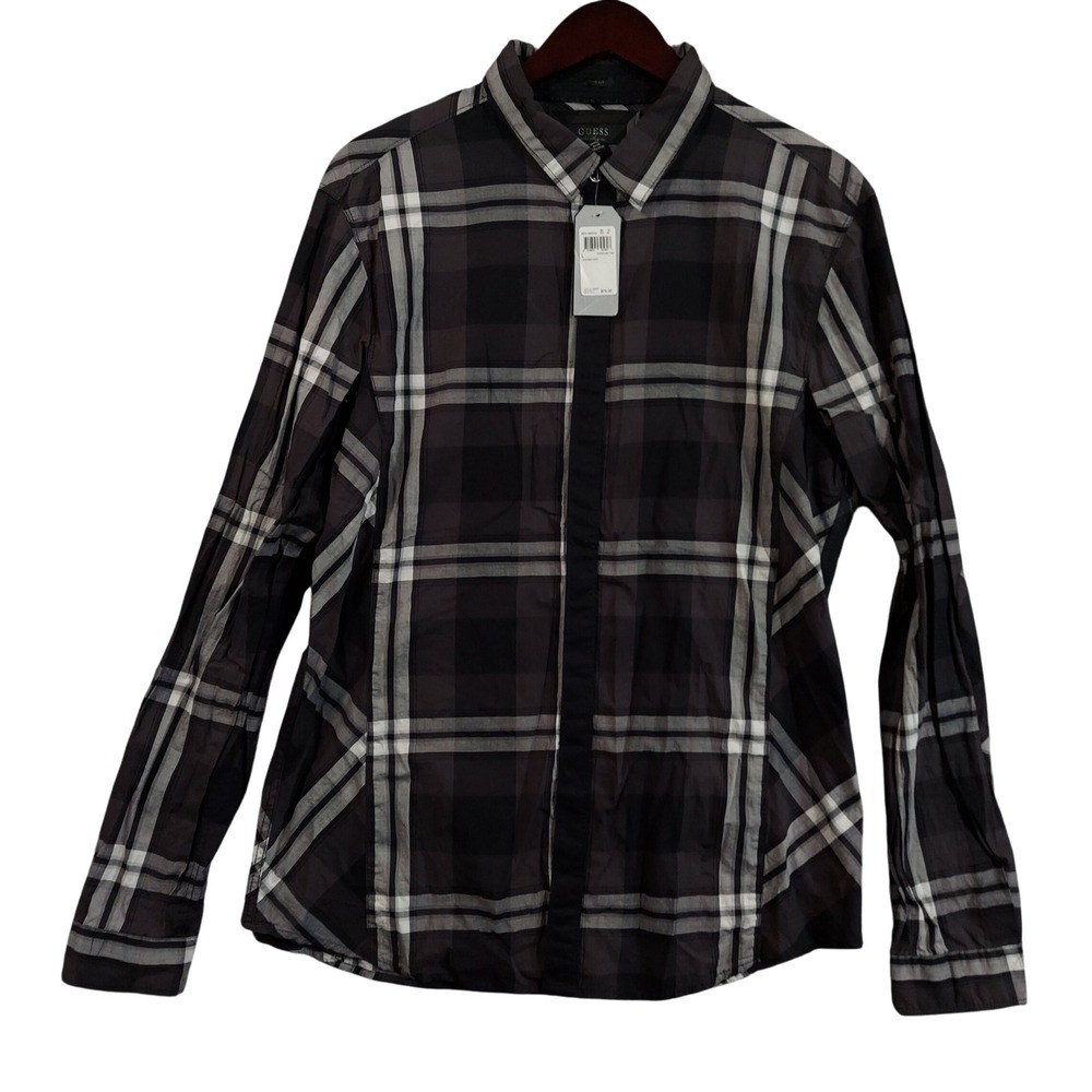 Guess Warner Shirt Mens Large Voodoo Grey Plaid Slim Fit Cotton M23H19W2XQ0
